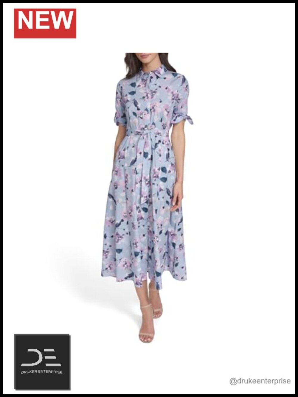 Calvin Klein Collared Short Sleeve Cotton Self Tie Midi Dress